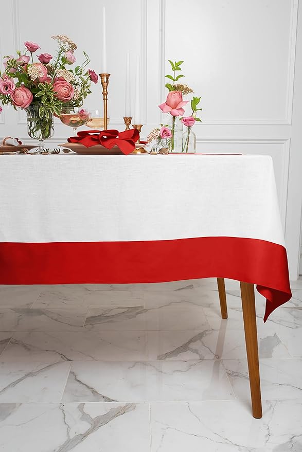 Solino Home Linen Tablecloth for Rectangle Tables 60 x 90 Inch - 100% Pure Linen Red and White Table Cloth - Contempo, Machine Washable Cloth Tablecloth for Valentines, New Year