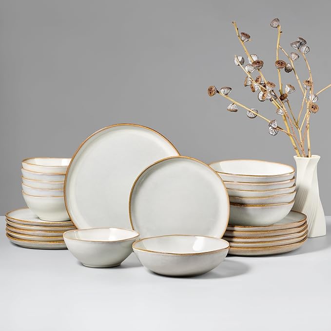 HaWare Plates and Bowls Set, Stoneware Dinnerware Sets, 24-Piece Hand-painted Dishware for 6, Ceramic Dish Set for Home Kitchen, Scratch Resistant, Microwave and Dishwasher Safe, Reactive Pearl White