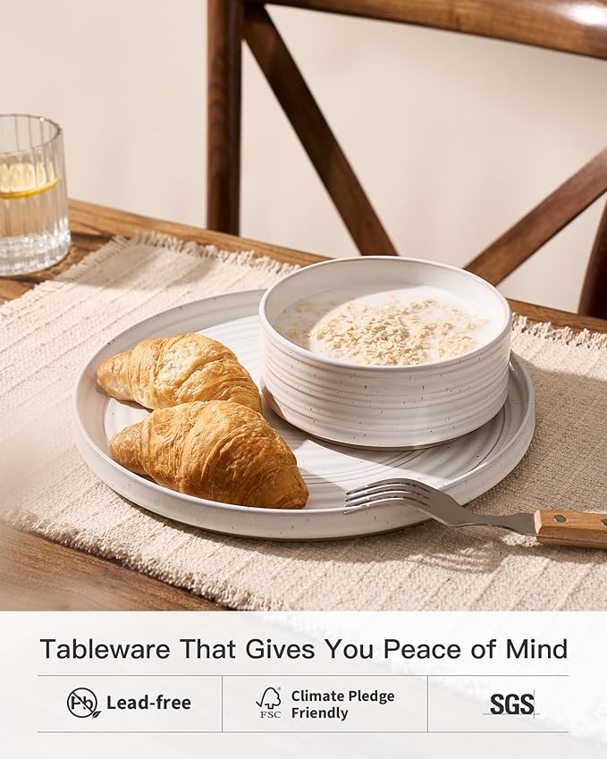 Stoneware Dinnerware Dishes Set for 8, 24 Pieces Spiral Plates and Bowls Sets with Straight Rim, Speckles & Reactive Glaze - Microwave and Dishwasher Safe, White