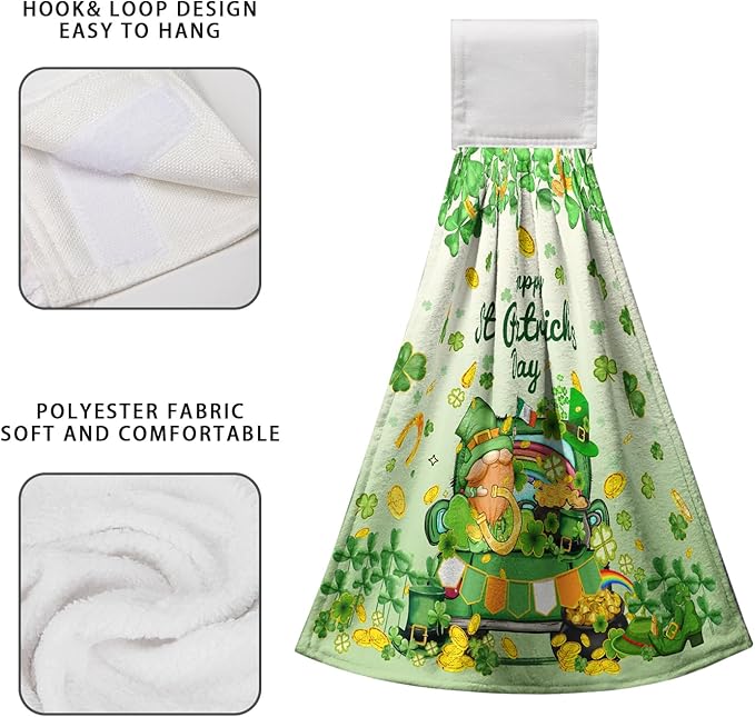 St. Patrick's Day Shamrock Kitchen Towel with Loop Lucky Gnomes Truck Hanging Hand Towels St Patricks Green Spring Hanging Dish Tea Towels for Home Holiday Decor