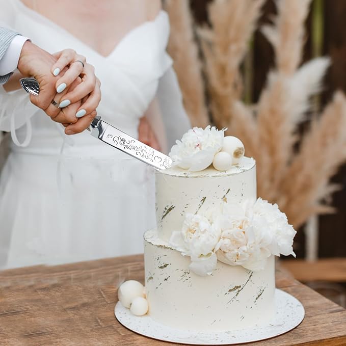 KSENDALO Wedding Cake Cutting Set - Cake Knife and Server Set, Deluxe SUS304 Stainless Steel Cutter & Server for Weddings, Birthdays, Anniversaries & Celebrations (13.78 Inch, Silver)