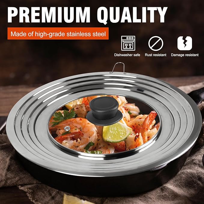 Universal Lids with Tempered Glass Top Fits 6, 7, 8 & 8.2, 9, 10, 11, 12, 12.5 Inch Cookware, Replacement Frying Pan Cover for Pots, Pans and Skillets, Cast Iron Lids for Space Saving