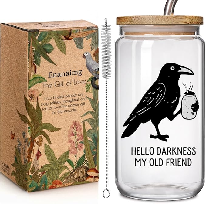 Funny Cawfee 16oz Glass Cup with Lid and Straw Gifts for Bird Lovers - Hello Darkness My Old Friend, Spooky Halloween Vintage Crow Coffee Cup Perfect for Crow and Coffee Lovers