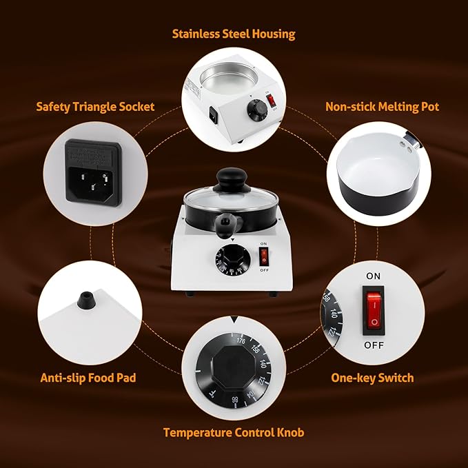WICHEMI Chocolate Melting Pot Chocolate Tempering Machine Commercial Electric Chocolate Melter Fondue Pot for Chocolate, Butter, Cheese, Cream, Candy, Milk, Coffee, Desserts (Single Pot)