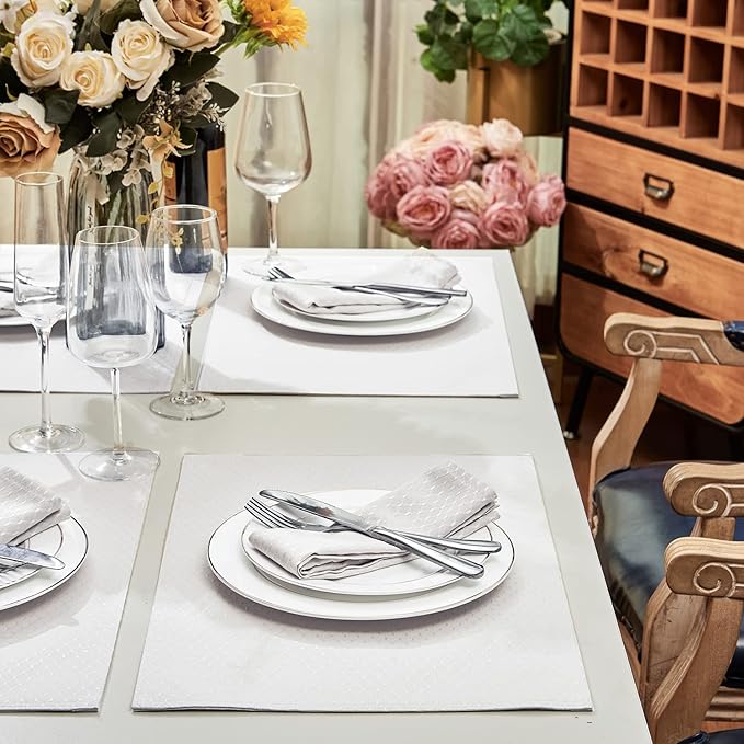 Place Mats Set of 8 – Rectangle Rectangular Waterproof Fabric Polyester Cloth Washable Wipeable Heat Resistant Placemats for Kitchen Dining Dinner Table Indoor 13 x 19 Inch Ivory