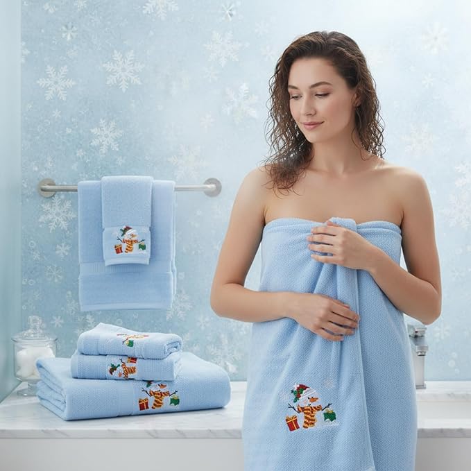 Peryiter 6 Pack Cotton Christmas Snowman Bath Towels Set Blue Winter Towels for Bathroom, Soft and Absorbent, Contains 2 Bath Cloth, 2 Hand Cloth and 2 Wash Cloths