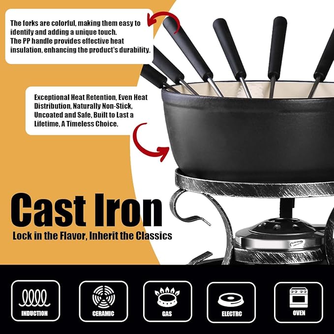 Artestia Cast Iron Fondue Pot Set – Swiss Traditional 2L Cheese & Chocolate Fondue Pot for 4-6 People – Ideal for Melting Cheese, Chocolates, Caramel, & More (Black)