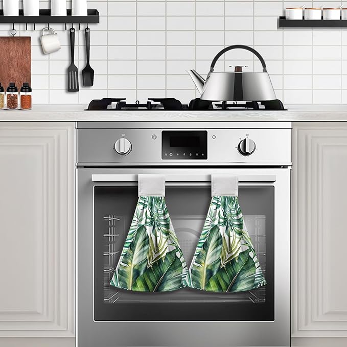 Summer Tropical Banana Leaf Hand Tie Towel Green Palm Leaves Kitchen Towels with Hanging Loop Jungle Hanging Dish Towel 2 Pcs Decorative Absorbent Tea Towels for Bathroom Kitchen