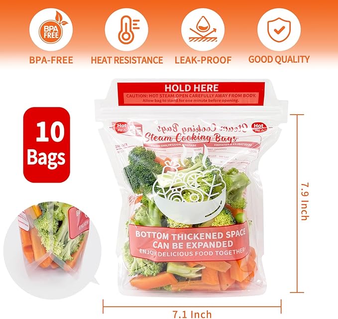 20×Steam Cooking Bags Microwave Steamer Bags Widen the Bottom Stand Upright Zipper Steam Bags for Vegetables,Potatoes and Meat (2 Pack)