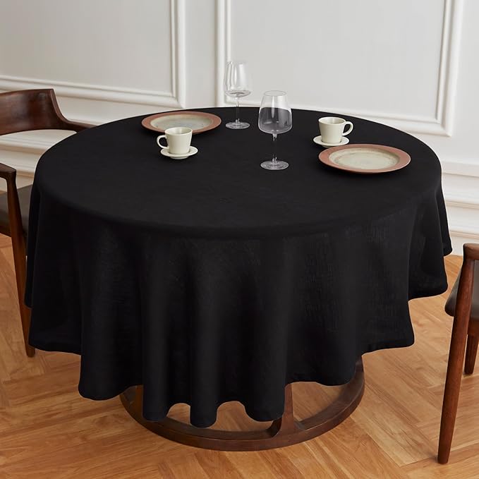 Solino Home Linen 60 Inch Round Tablecloth - 100% Pure Linen Black Round Tablecloth - Machine Washable Table Cloth for Winter, Holiday, New Year - Sonoma