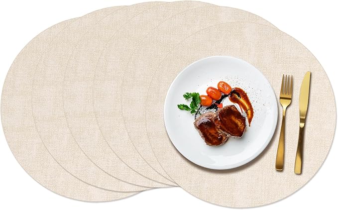 Maxpearl Round Placemats Set of 6, 13.8 inch Faux Leather Heat Resistant Table Mats, Non Slip Waterproof Wipeable Place Mats for Kitchen Dining Holiday Party Table Settings, Beige