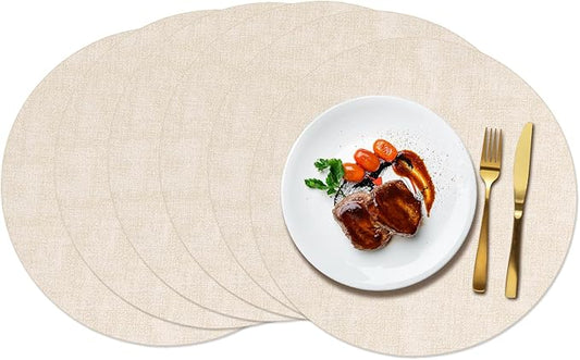 Maxpearl Round Placemats Set of 6, 13.8 inch Faux Leather Heat Resistant Table Mats, Non Slip Waterproof Wipeable Place Mats for Kitchen Dining Holiday Party Table Settings, Beige