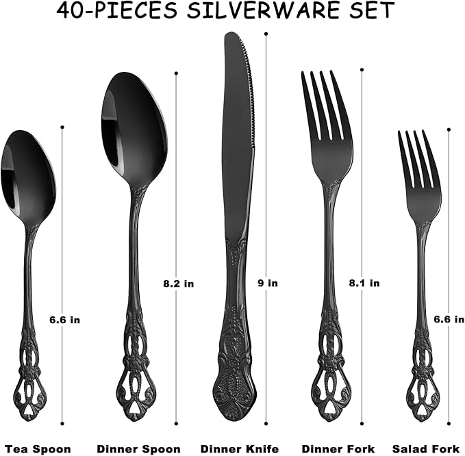 40 Piece Gorgeous Retro Royal Black Silverware Set for 8, Premium Stainless Steel Flatware Set with gift box, Mirror Polished Cutlery Set Including Spoons and Forks, Vintage Utensils, Dishwasher Safe