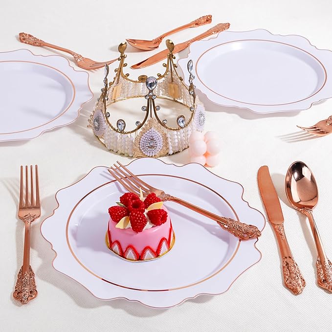 WDF 120Pieces Rose Gold Plastic Silverware - Heavy Duty Rose Gold Plastic Cutlery Set - Disposable Utensils - Flatware Includes 40 Forks, 40 Spoons, 40 Knives for Wedding, Valentines Day