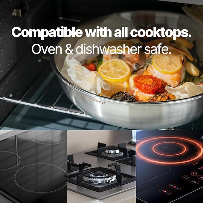 316 Stainless Steel Removable Handle Cookware, 5-Ply Stackable Cookware Set, 6-Piece Pans with Universal Lid, Induction Compatible, Oven & Dishwasher Safe