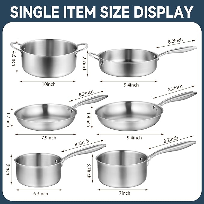 10-Piece Tri-Ply Stainless Steel Cookware Set - Induction-Ready, Glass Lids,Pots and Pans Kitchen Set, Riveted Handles, Dishwasher Safe, Compatible with All Cooktops