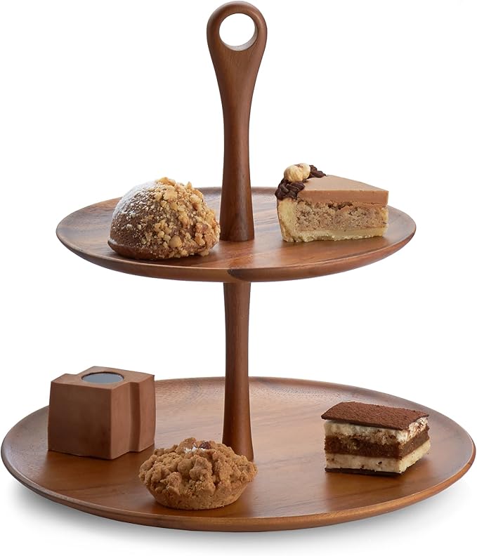 nambe Skye Wood Tiered Dessert Stand | 2-Tier Cupcake Stand | Serving Tray for Cookies, Pastries and Appetizers for Parties | Acacia Wood Cake Stand for Kitchen Table Display (12.5”)
