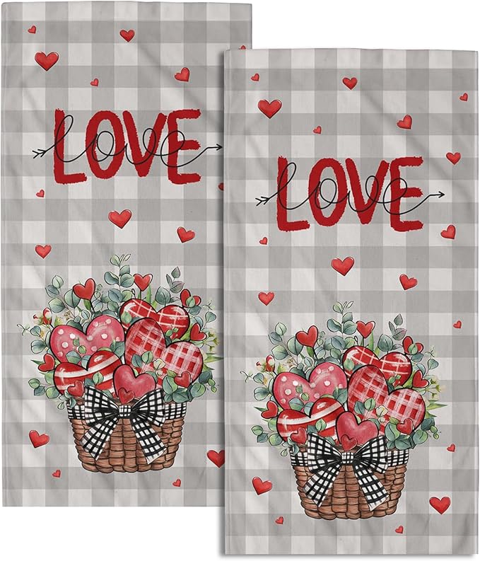 Imiss Buffalo Plaid Love Hand Towels Set of 2，Love Heart Leaves Basket Fingertip Guest Towel Holiday Farmhouse Decor Gift for Home Spa Bathroom Hotel