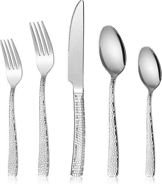 Hammered silverware set, modern flatware set for 4 Heavy duty cutlery set 20piece Stainless Steel fork spoon knife set everyday kitchen, Mirror Finish Dishwasher Safe
