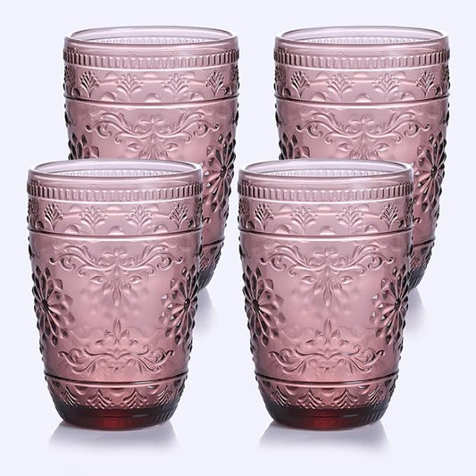 14OZ Drinking Glasses Set of 4, Purple Drinking Glasses, Colored Glassware Drinking, Highball Beverage Glasses Cup, Vintage Glassware Set for Water, Juice, Cocktail, Coffee
