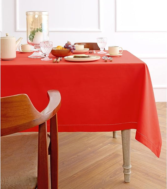 Solino Home Cotton Linen Tablecloth for Rectangle Tables 54 x 72 Inch - Hemstitch Poppy Red Table Cloth - Machine Washable Cloth Tablecloth for Valentines, New Year