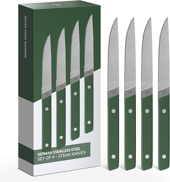 Misen Steak Knives Set of 4 - Precision Serrated Blades for Effortless Dining - German Stainless Steel - Superior Cuts with Four Steak Knives - Comfortable, Sleek Handles - Green