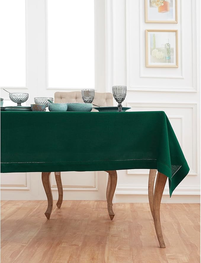 Solino Home Linen Tablecloth for Rectangle Tables 54 x 72 Inch - Classic Hemstitch 100% Pure Linen Rainforest Green Table Cloth - Machine Washable Cloth Tablecloth