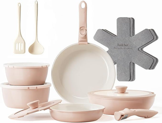 Redchef 16pcs Ceramic Pots and Pans Set Non Stick, Nonstick Kitchen Cookware Set with Detachable Handle, Non Toxic, PFAS PFOA & PTFE Free, RV Cookware Set for Camping, Dishwasher/Oven Safe (Pink)