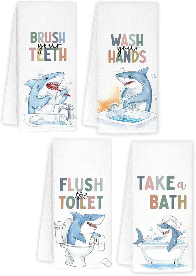 Shark Bathroom Hand Towels, Shark Bathroom Decor, Sharks Lover Gifts Decorative Hand Towels for Kids Bathrooms, Funny Coastal Beach Kitchen Towels, 16x24 Inch Set of 4