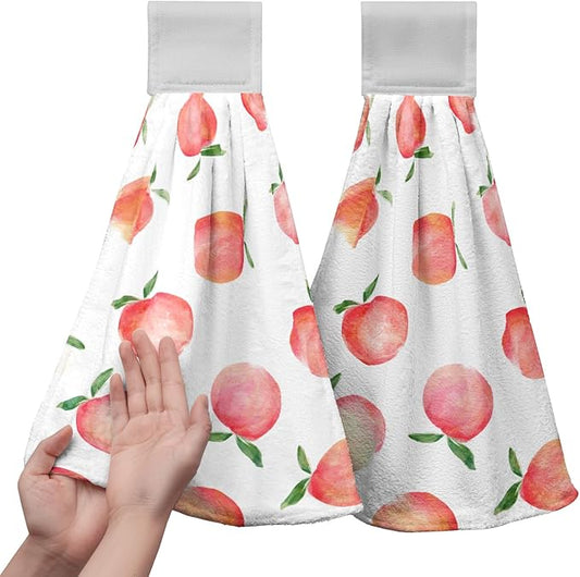 Peach Hanging Kitchen Towel Set of 2 Spring Summer Pink Fruit Hand Towels with Loop Decorative Tie Towels Soft Absorbent Hanging Dish Towel for Bathroom Kitchen Home Decor 17 * 12 Inch