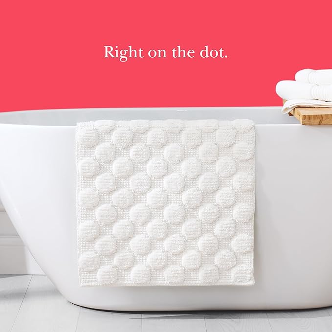 Kate Spade New York Dotted Woven Bath Rug, 21 in x 34 in, Absorbent Bath Mat, Slip Resistant, Made from 100% Cotton, Machine Washable, Marshmallow White