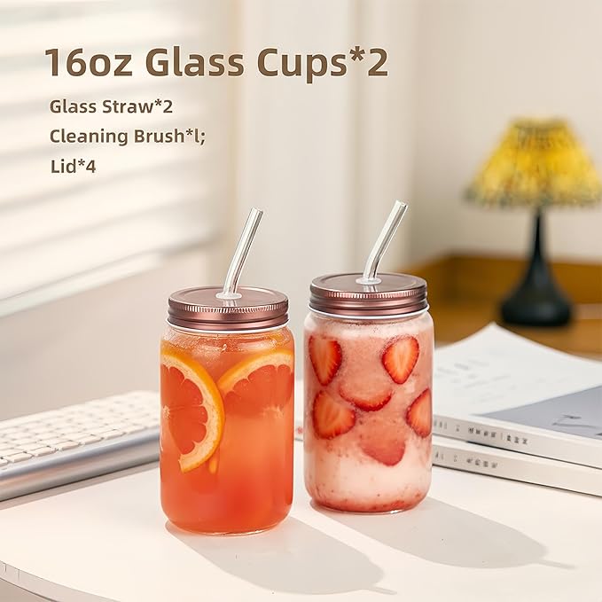 16oz Glass Cups with Lids and Straws - 2Pcs Reusable Juice Bottles,Drinking Glasses Set for Coffee Bar Accessories,Matcha Cup Glass Tumbler Reusable for Gifts