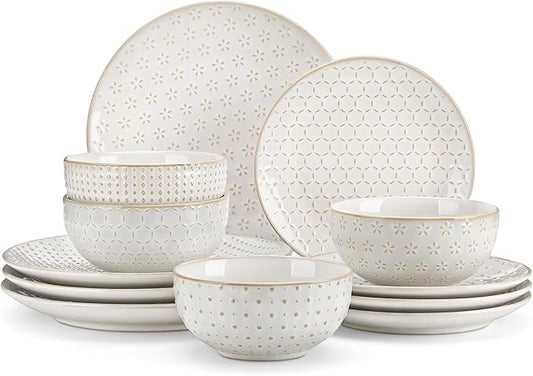 MALACASA 12 Pieces Dinnerware Sets, Modern Relief Design Plates and Bowls Sets, White Dish Set for 4, Kitchen Ceramic Dinner Plates Dishware Set, Microwave and Dishwasher Safe, Series LYDIA