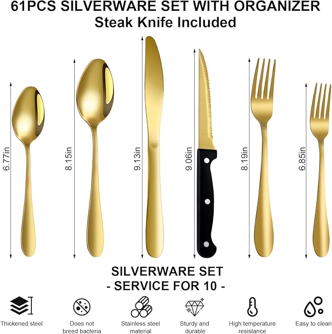 61Pcs Silverware Set with Organizer, Silver Stainless Steel Flatware Set for 10 Cutlery Utensil Sets with Steak Knives, Spoons and Forks Set, Dishwasher Safe