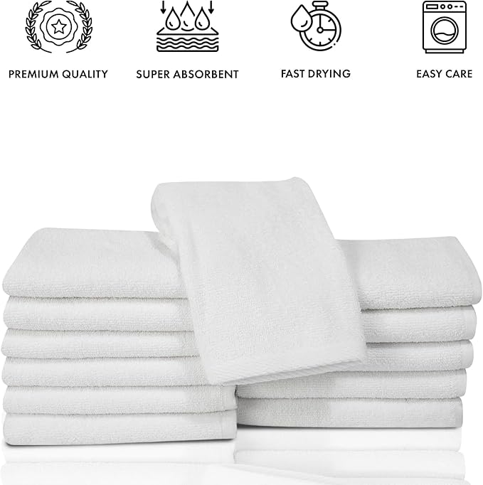 Classic Turkish Towels CTT - Premium Washcloths 12 Pack Set, 100% Turkish Cotton, Highly Absorbent & Quick Dry, Face Towels Wash Cloths for Hotel, Spa & Gym | 12"x12" (White)