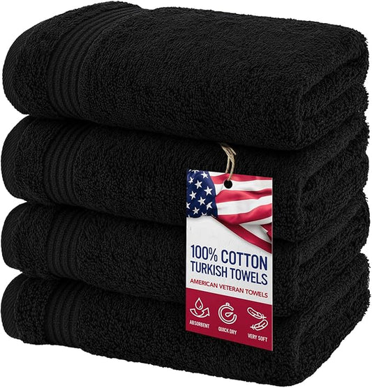 American Veteran Towel, Hand Towels for Bathroom Set of 4, 100% Cotton Turkish Hand Towel Sets, Soft Hand Face Towels, Black Hand Towels