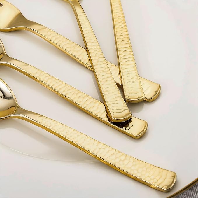 KIRE 400PCS Gold Plastic Spoons and Forks Disposable - Gold Plastic Silverware Set Disposable - 200 Forks and 200 Spoons for Thanksgiving Party, Birthday