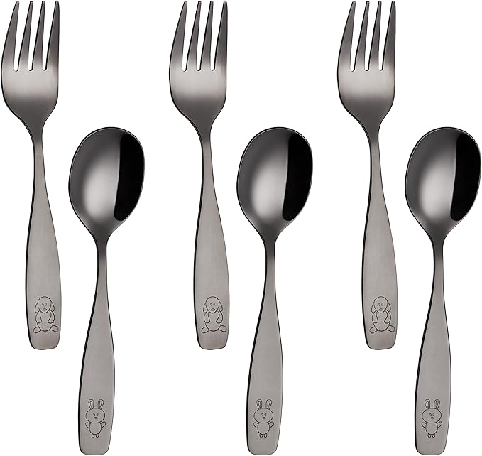 ANNOVA Kids Silverware Children's Safe Flatware Set Stainless Steel - Children Forks, Children Tablespoons, Toddler Utensils, Metal Cutlery Set for LunchBox (Black Gold, 6)