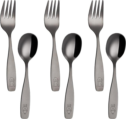 ANNOVA Kids Silverware Children's Safe Flatware Set Stainless Steel - Children Forks, Children Tablespoons, Toddler Utensils, Metal Cutlery Set for LunchBox (Black Gold, 6)