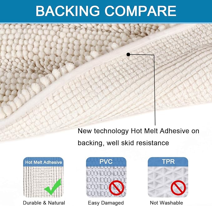 H.VERSAILTEX Bathroom Rugs Bath Rug Set 2 Piece Bathroom Contour Rug Toilet Mat Sets Non Slip Contour Bath Rug Ultra Thick Water Absorbent Striped Bath Mats Washable(47" x 17" Plus 20" x 20" U, Ivory)