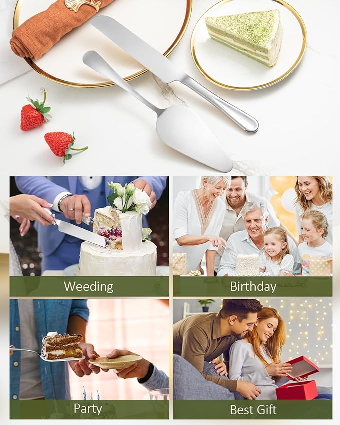 2-Piece Premium Cake Cutting Set, Exquisite Knife and Server with Serrated Design, Includes Cake Knife and Pie Spatula for Pastry, Pizza and Desserts (Silver)