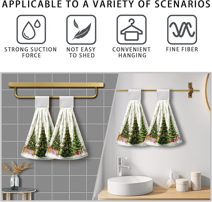 Xmas Tree Hanging Kitchen Towels Winter Holiday Hand Tie Towel Snowflakes Dish Towels with Loop Soft Absorbent Dishcloth for Bathroom Kitchen