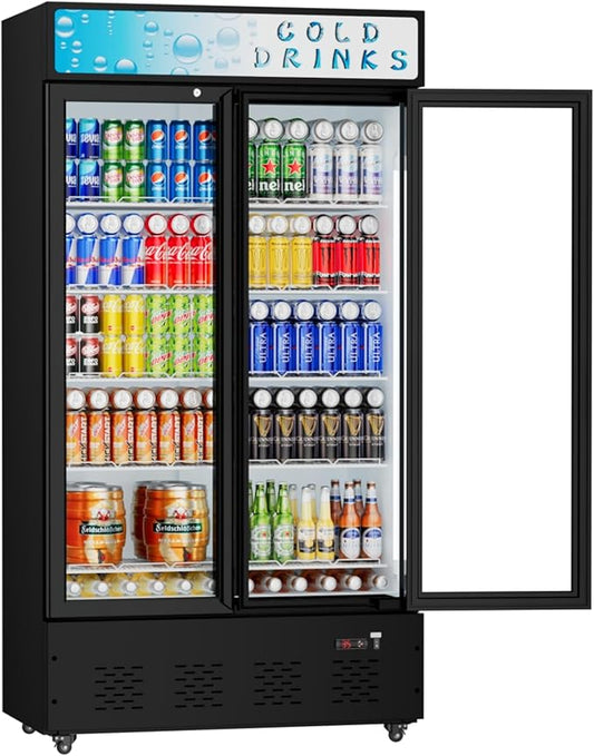 Commercial Glass Door Display Refrigerator 30 cu.ft Cooler Commercial Beverage Refrigerators with LED Light and 10 Shelves for Cafe, Restaurant, Store, Bar