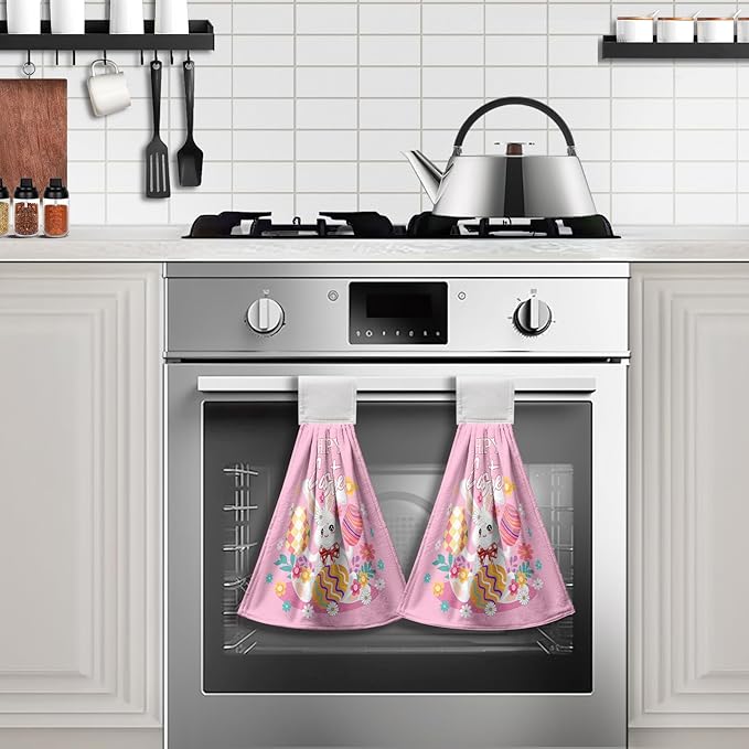 Easter Bunny Hanging Dish Towels Set of 2 Pink Rabbit Eggs Kitchen Towels with Loop Happy Easter Hand Tie Towel Spring Floral Soft Absorbent Tea Towel for Bathroom Kitchen Laundry Room