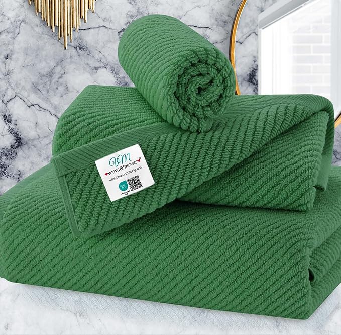 VOOVA & MOVAS 3 Piece Towel Set - 100% Cotton | Quick Dry | Light Weight | Thick | Soft, 1 Large Bath 30"x56", 1 Hand 18"x28",1 Wash Cloth 13" x 13", Luxury Towel Gift Set, Hunter Green