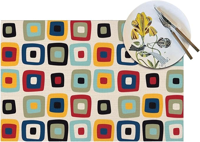Mid Century Modern Retro Placemats Set of 4 Linen 12"x18" Vintage Decorative Kitchen Table Mats for Dining Outdoor Holiday Party Farmhouse Home Decor Washable Place Mats