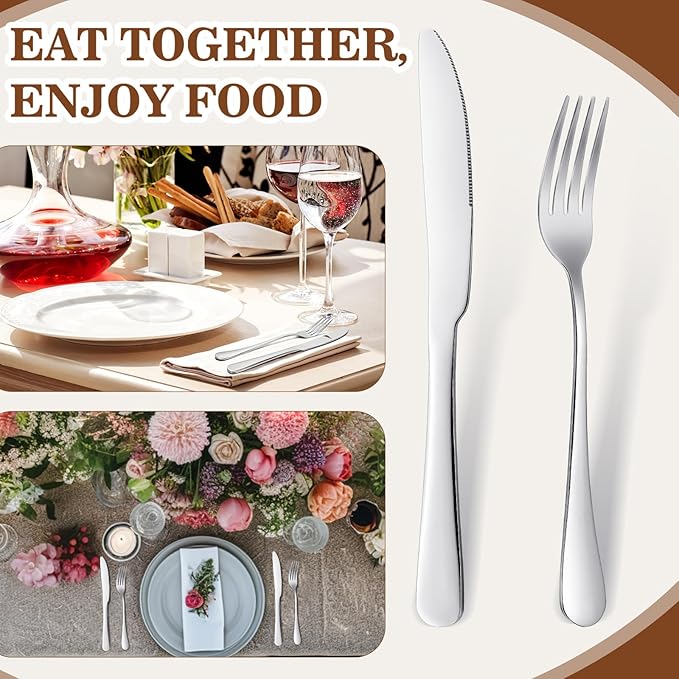 Nuenen 50 Pieces Stainless Steel Forks Silverware Set Dinner Forks and Knives Flatware Tableware Cutlery Set for Kitchen Restaurant(8.07 x 0.94 Inch, 9.06 x 0.79 Inch,Shiny Silver)