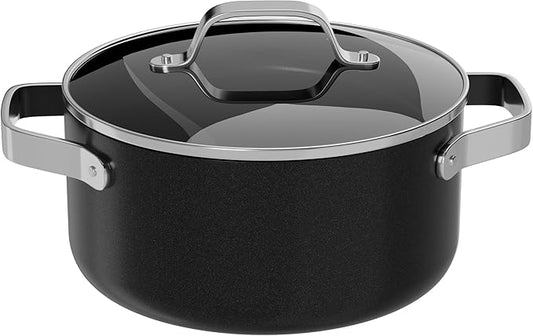 Bakken 12.5 Quart Ceramic Coated Stock Pot with Lid, Easy Clean Nonstick Pot, Tempered Glass Lid, Riveted Stainless Steel Handles, Oven Safe Up To 500°F, PTFE & PFAS Free, All Stove Compatible, Black