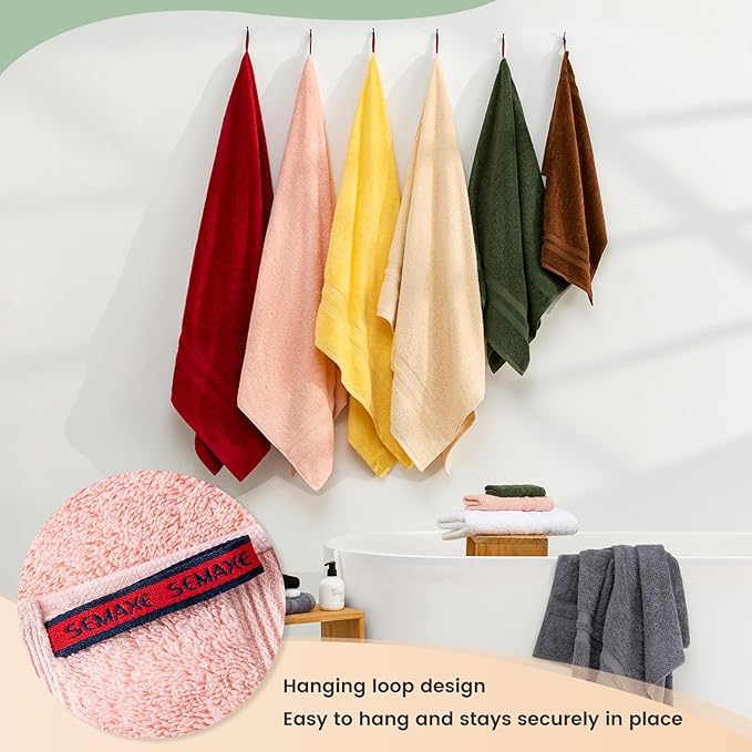 SEMAXE Solid 18-Piece Towel Set, Light Pink, 600GSM 100% Cotton, 6 Each of Bath Towel, Hand Towel, and Washcloths, Gift Box Packaging, Hanging Loop Design