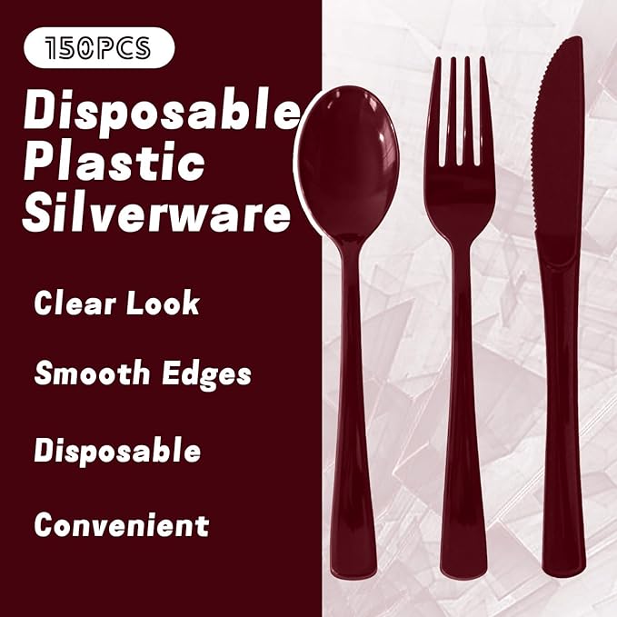 150 Pack Disposable Plastic Silverware, Heavy Duty Burgundy Plastic Cutlery Set Includes 50 Forks 50 Knives 50 Spoons for Birthday Wedding Party Picnics (150, Burgundy)